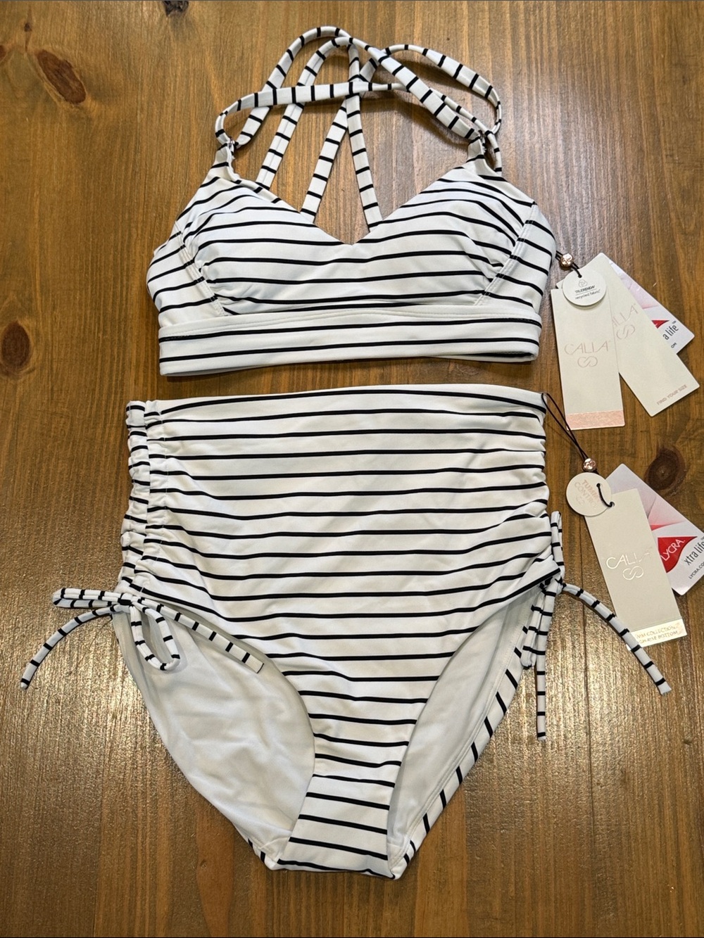 CALIA by Carrie Underwood White with Black Stripes High-Waist Bikini